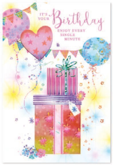 Birthday card for her- colourful balloons and gifts