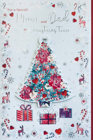 Mum and Dad luxury Christmas card - tree and gifts