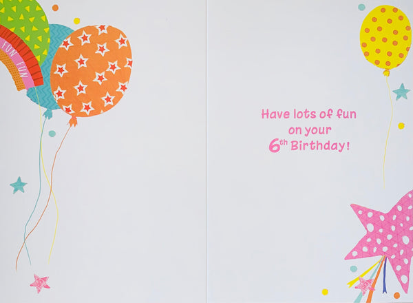 Age 6 birthday card - rainbows and balloons