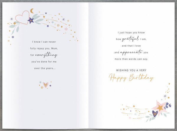 Luxury Mum birthday card - stars and hearts with sentimental verse