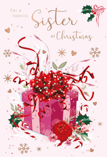 Sister Christmas card- Xmas gift and flowers