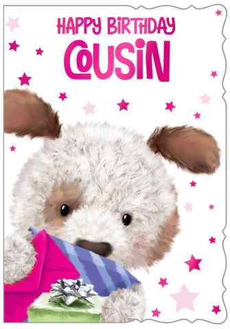 Cousin birthday card - cute dog pink