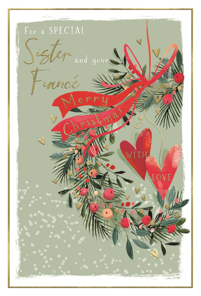 Sister and Fiancé Christmas card - hearts and holly