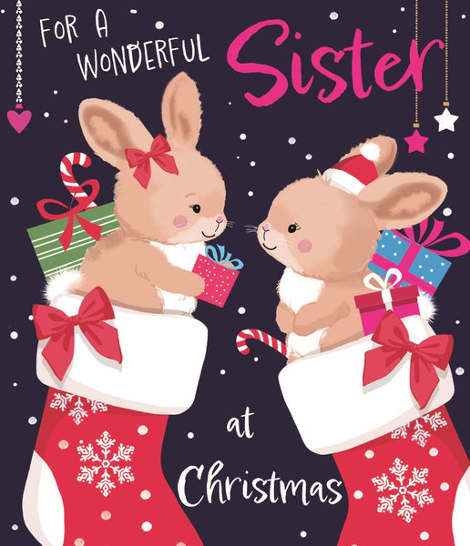 Sister Christmas Card – Cute Rabbits, Multicolour Foil Greeting Card