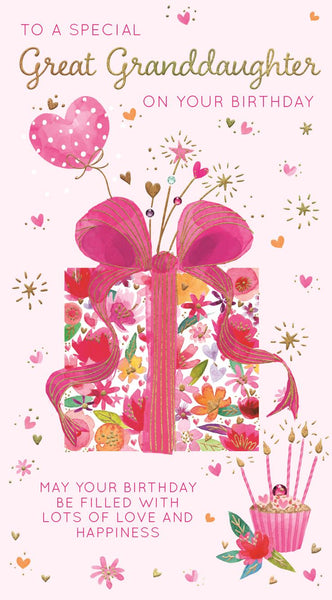 Great Granddaughter Birthday Card | Gift & Cupcake Design | Gold Foil Finish