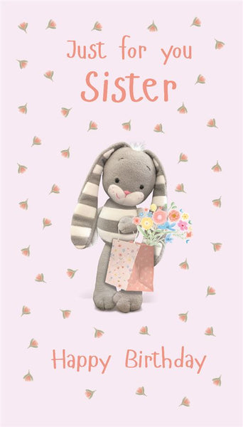 Sister birthday card - cute rabbit holding flowers- Hun Bun