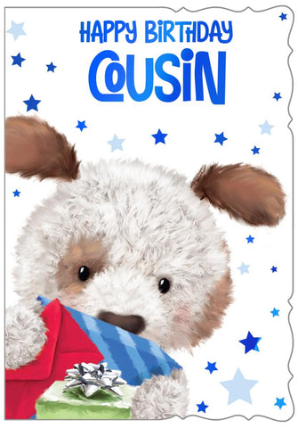 Cousin birthday card - cute dog blue
