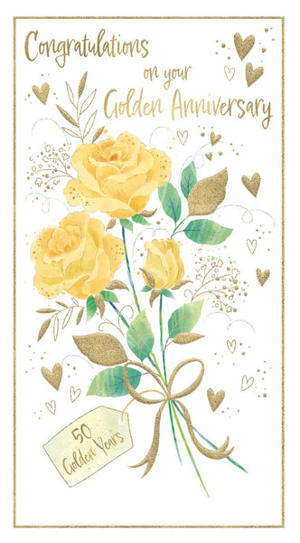 Golden wedding anniversary card - roses and hearts