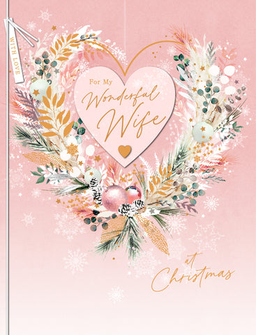 Luxury Wife Christmas card - hearts and flowers