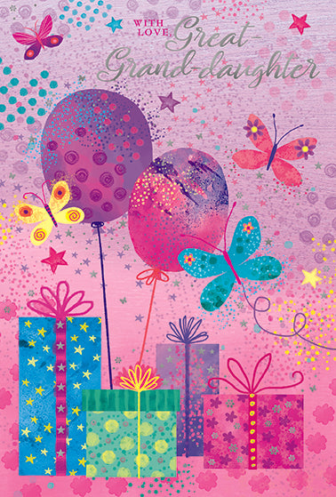 Great Granddaughter Birthday Card | Balloons & Butterflies Design | Silver Foil Finish
