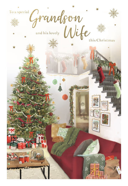 Grandson and Wife Christmas card - Christmas tree and fireside