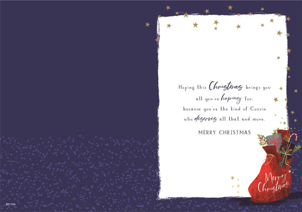 Cousin Christmas card - gifts and sleigh