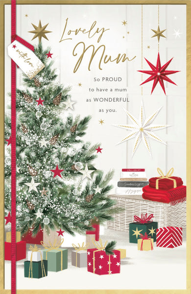 Mum luxury Christmas card - Xmas tree and gifts