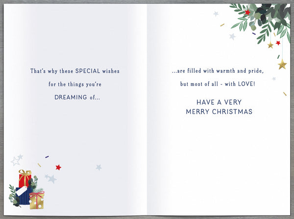 Grandson Christmas card - gifts and Xmas stocking