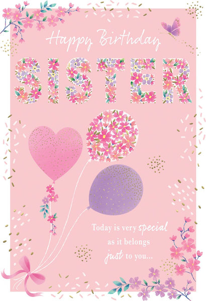 Sister birthday card - balloons and flowers