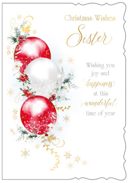 Sister Christmas card - Xmas baubles
