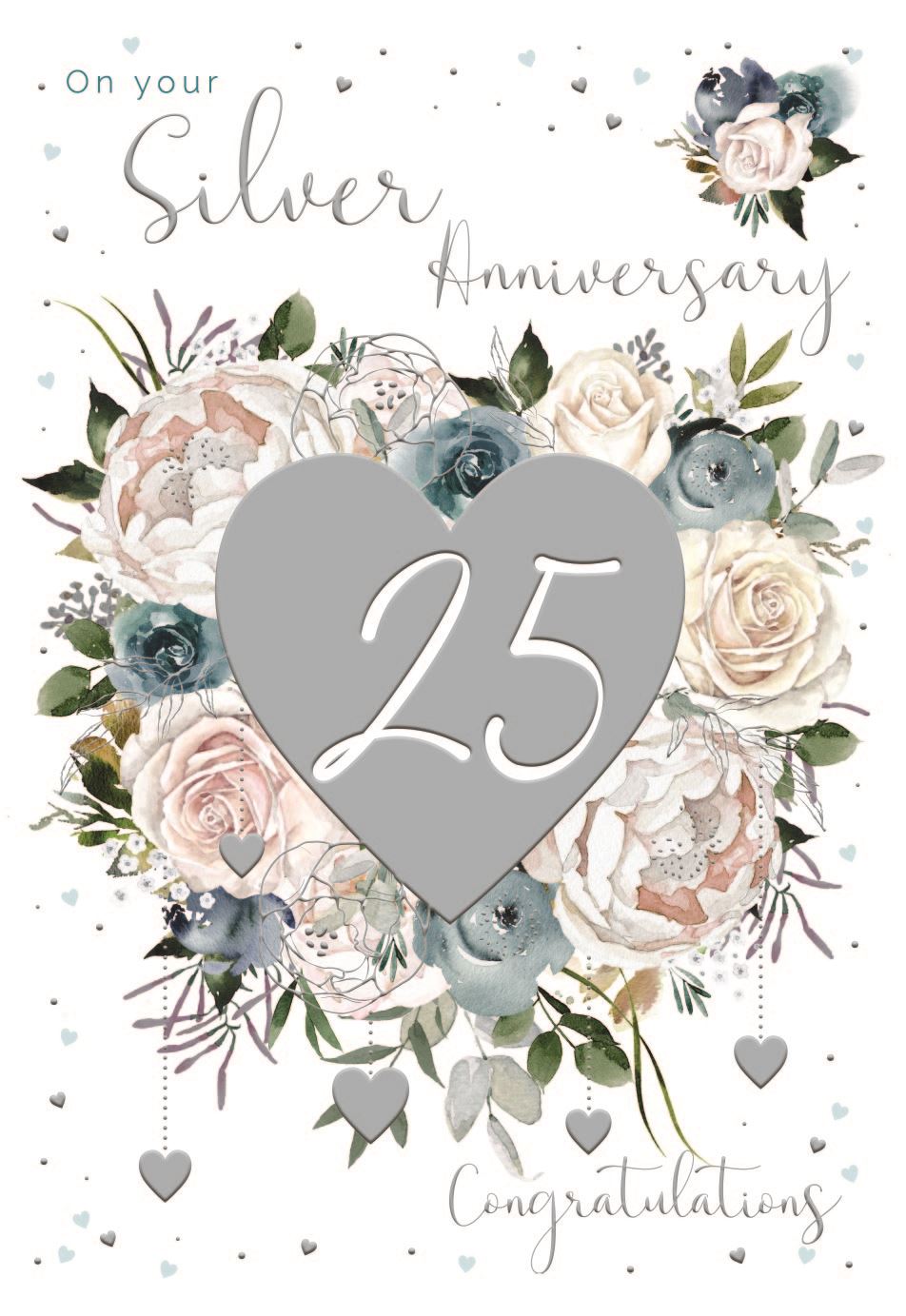 Silver anniversary card - hearts and flowers