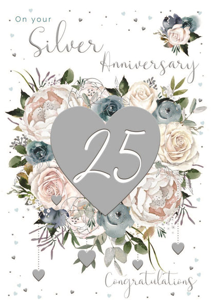 Silver anniversary card - hearts and flowers