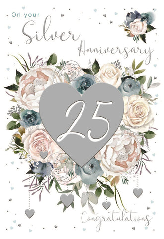 Silver anniversary card - hearts and flowers