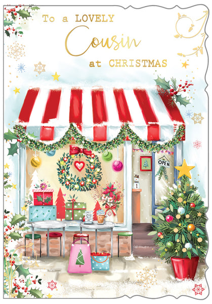Cousin Christmas card - festive coffee shop