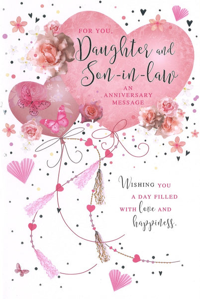 Daughter and Son in law wedding anniversary card - hearts and flowers