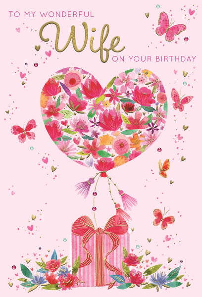 Wife birthday card- hearts and flowers