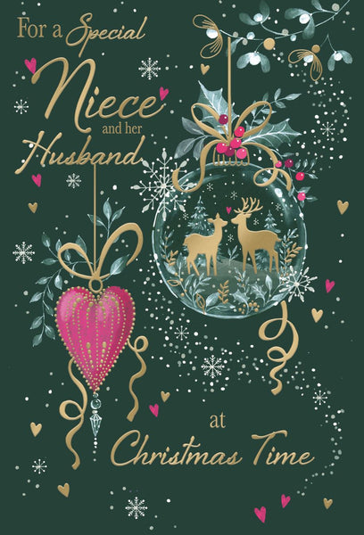 Niece and Husband Christmas card - Xmas baubles