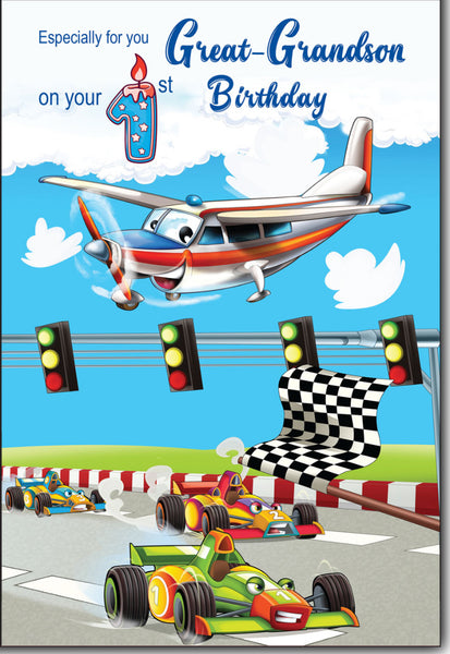 Great-Grandson 1st birthday card - planes and cars
