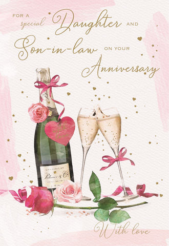 Daughter and Son-in-law anniversary card champagne and rose