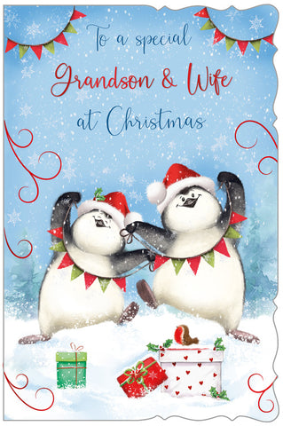 Grandson & Wife Christmas card - cute penguins