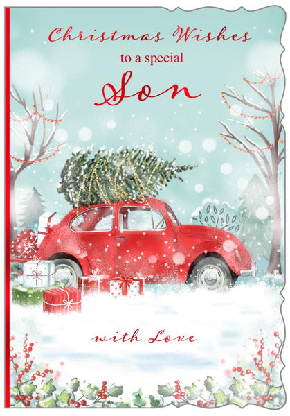 Son Christmas card - car and tree