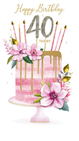 Luxury 40th birthday card - cake and flowers