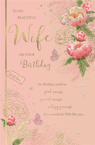Wife birthday card - flowers and butterflies- large card