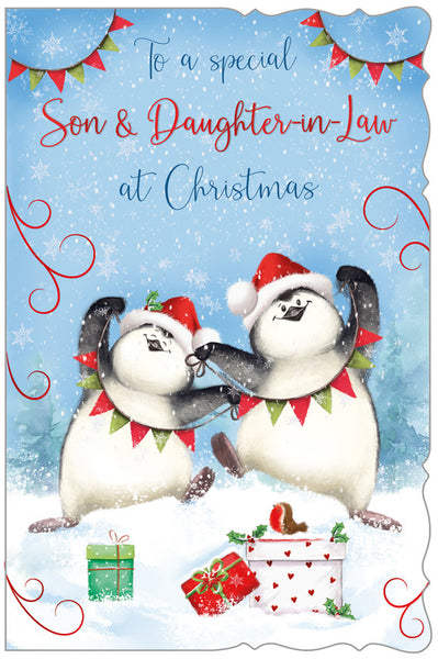 Son and Daughter-in-law Christmas card - festive penguins