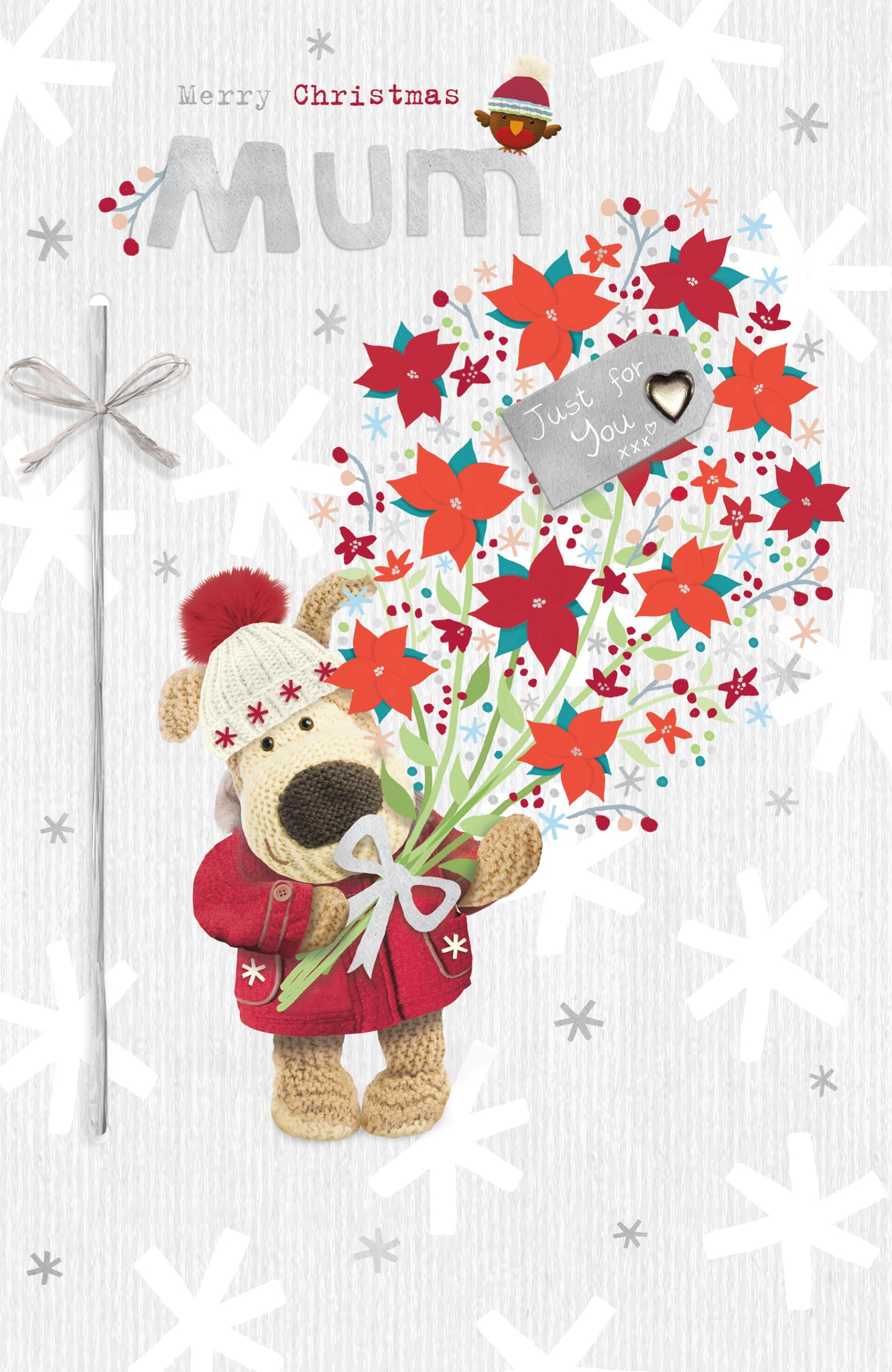 Luxury Mum Christmas card - Boofle holding flowers
