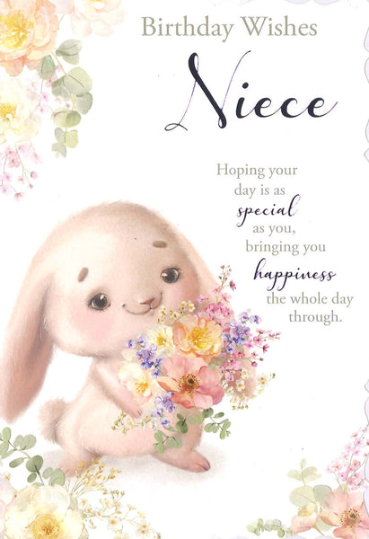 Niece birthday card- cute rabbit with flowers