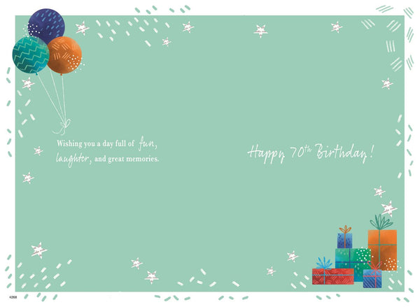 70th birthday card - birthday balloons and gifts