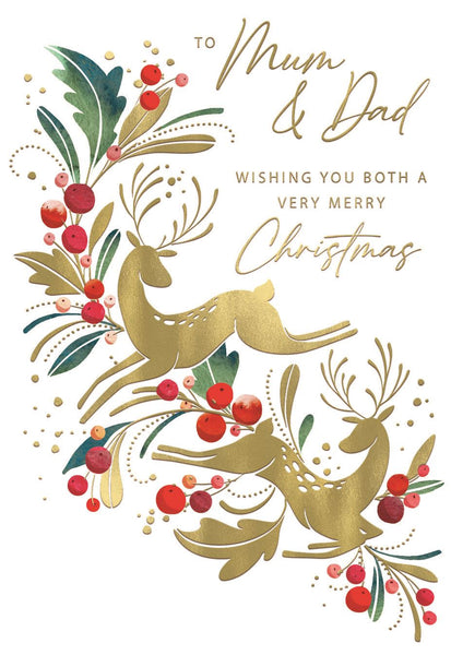 Mum and Dad Christmas card- reindeers and holly