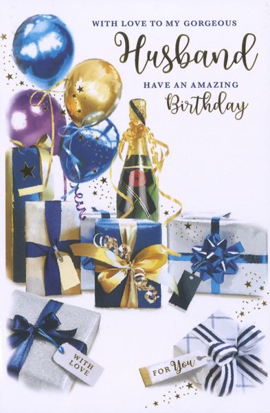 Husband birthday card- gifts and balloons