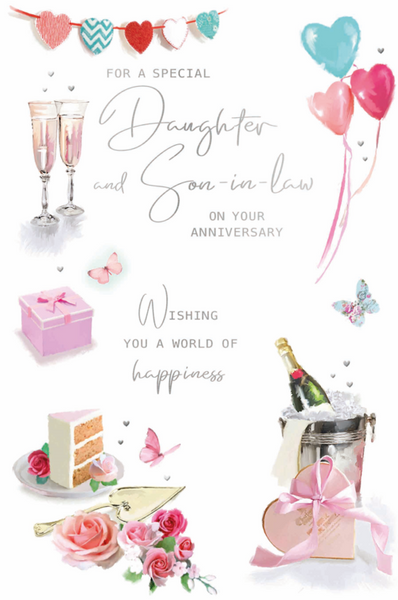 Daughter and Son in law wedding anniversary card - fizz and cake