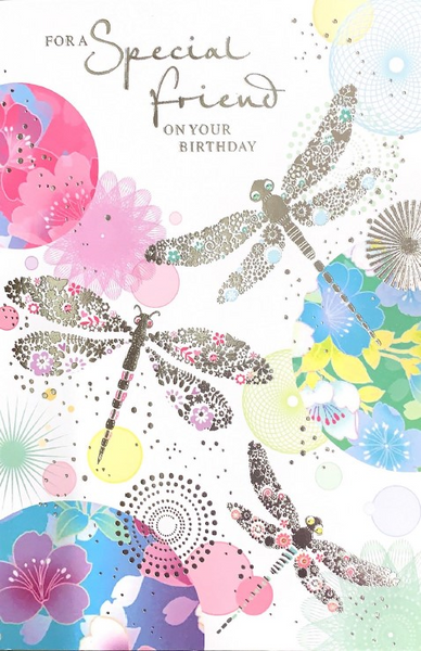 Friend birthday card - dragonflies and flowers