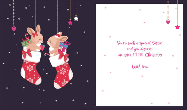 Sister Christmas Card – Cute Rabbits, Multicolour Foil Greeting Card