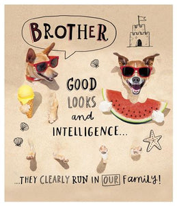 Funny Brother birthday card - loks and intelligence