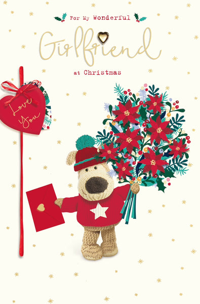 Girlfriend Christmas card - Boofle with Xmas flowers