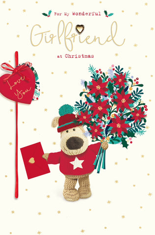 Girlfriend Christmas card - Boofle with Xmas flowers