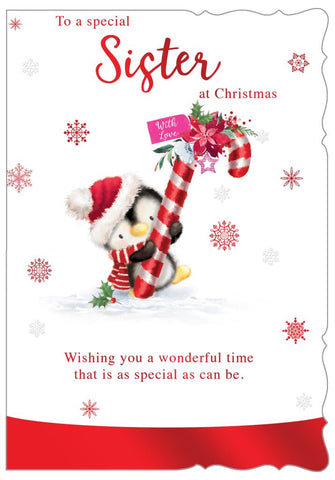 Sister Christmas card - cute Xmas penguin