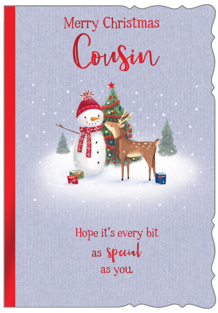 Cousin Christmas card - cute snowman and reindeer