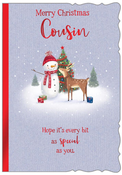 Cousin Christmas card - cute snowman and reindeer
