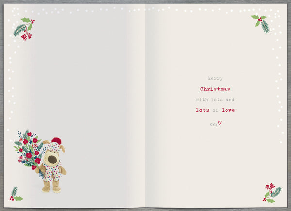 Luxury Mum Christmas card - Boofle holding flowers