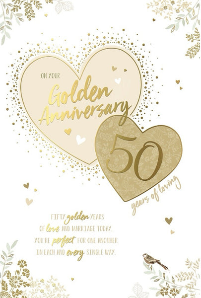 Golden anniversary card - hearts and flowers